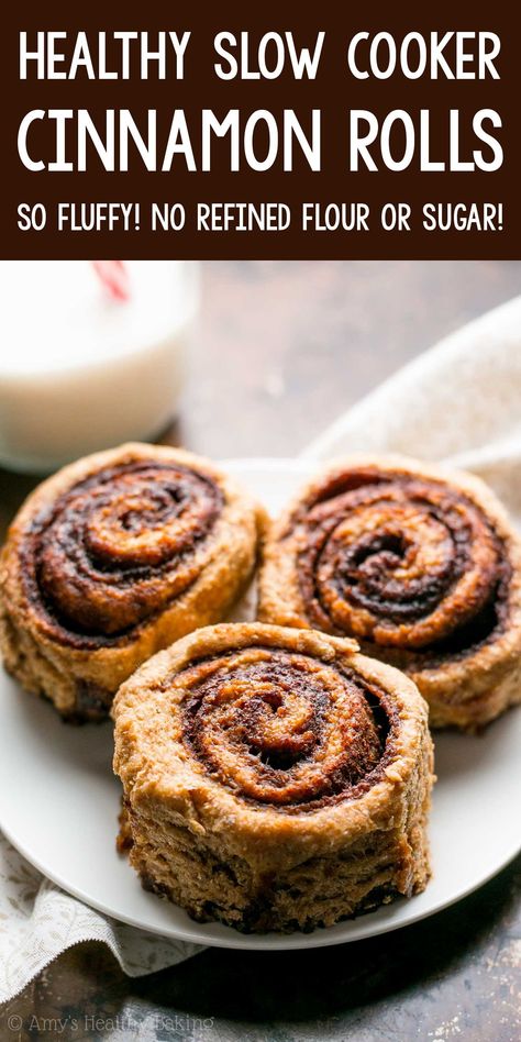 Healthy Slow Cooker Cinnamon Rolls - my family called these the BEST cinnamon rolls they've ever had! So fluffy & sweet! They don't taste healthy AT ALL! ♡ clean eating low calorie cinnamon rolls recipe. whole wheat homemade cinnamon rolls. Low Calorie Cinnamon Rolls, Whole Wheat Cinnamon Rolls, Wheat Cinnamon Rolls, Healthy Breakfast Recipes Clean Eating, Homemade Cinnamon Rolls Easy, Slow Cooker Cinnamon Rolls, Healthy Cinnamon Rolls, Cinnamon Roll Bread, Best Cinnamon Rolls