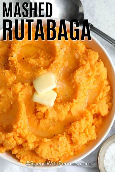 A rutabaga carrot mash may just be the best part of the holidays! It is a creamy buttery blend of mashed rutabaga and carrots, and is the perfect healthy addition to your Thanksgiving or Christmas dinner! Even better when you can make it ahead of time and just reheat for dinner! #spendwithpennies #mashedrutabaga #sidedish #rutabagarecipe #holidayside #thanksgiving #makeahead #rutabagacarrotmash #rootvegetable Mashed Rutabaga, Rutabaga Recipes, Mashed Butternut Squash, Sweet Potato Recipes Mashed, Sweet Potato Side Dish, Sweet Potato Sides, Holiday Side Dish, Mash Recipe, Spend With Pennies