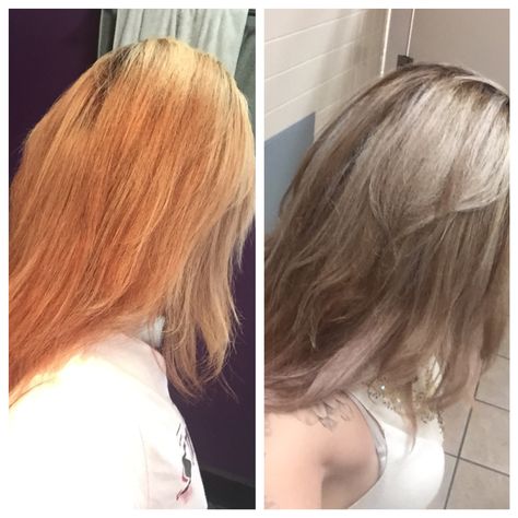 Wella T18 toner. Before and after. Red Hair Toner, Wella Hair Toner, Tone Orange Hair, Toner For Orange Hair, Wella Toner T18, T18 Toner, Wella Color Charm Toner, Wella T18, Toner For Blonde Hair