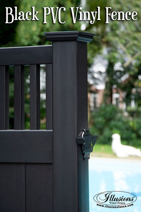 Fence Ideas That Add Curb Appeal. Incredible Black Craftsman Style PVC Vinyl Privacy Pool Fence Idea From Illusions Vinyl Fence Is A Perfect Backyard Idea For Your Home Decor. #poolfence #fenceideas #black #fence Privacy Pool Fence Ideas, Swimming Pool Fence Ideas, Fence Decor Ideas, Painted Wood Fence, Diy Fences, Fence And Gate Ideas, Swimming Pool Fence, Pool Fence Ideas, Good Neighbor Fence