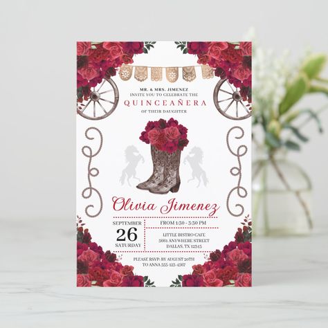 Invitations Quinceanera, Red Quince, Quince Invitations, Quinceanera Invitation, Quinceanera Invitations, Simple Photo, Western Cowgirl, Western Cowboy Boots, Budget Wedding