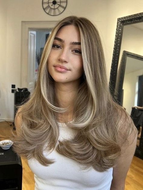 Brunette With Blonde Hair, Cool Blonde Highlights On Dark Hair, Full Head Highlights Dark Hair, Honey Blonde Balayage On Black Hair, Super Light Brown Hair, Warm Blonde Hair Color Honey, Blonde Hair On Mexican Women, Full Highlights Blonde On Brown Hair, Dark To Blonde Hair