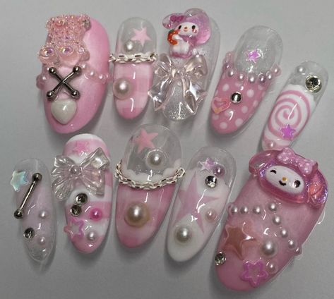 Unicorn Skin Nails, Creepy Cute Nails, Japanese Nail Designs Kawaii, Gloomy Bear Nails, Decora Nails, Harajuku Nails, Sanrio Nails, Hand Painted Nails, Kawaii Nail Art