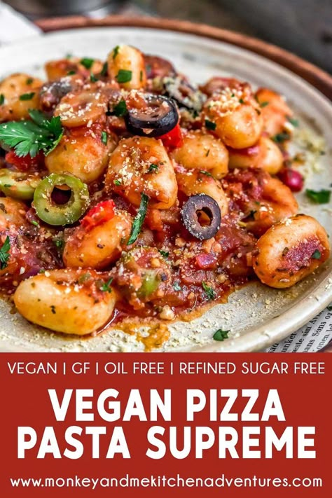 Easy Healthy Pizza, Healthy Pizza Sauce, Monkey And Me Kitchen Adventures, Vegan Pepperoni, Monkey And Me, Comfort Pasta, Supreme Pizza, Vegan Italian, Vegan Pasta Recipes