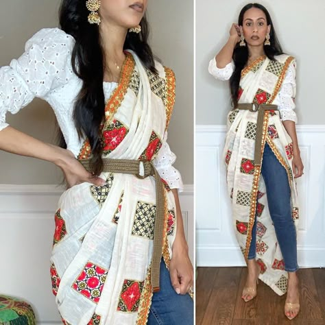 Mismatch Blouse And Saree, Saree With Jeans Fashion Styles, Indowestern Navratri Outfits, Indo Western Garba Outfit, Navratri Jeans Outfit, Saree On Jeans, Mismatched Outfit Ideas, Mismatch Theme Outfit, Navratri Duppata Style