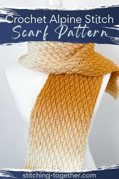 graphic reading "Crochet Alpine Stitch Scarf Pattern" with an image of a yellow crochet scarf on a mannequin Crochet Stitches Scarf, Crochet Scarf Pattern Free Easy, Winter Scarf Pattern, Crochet Scarf For Beginners, Chunky Crochet Scarf, Simple Scarf Crochet Pattern, Crazy Crochet, Crochet Scarf Easy, One Skein Crochet