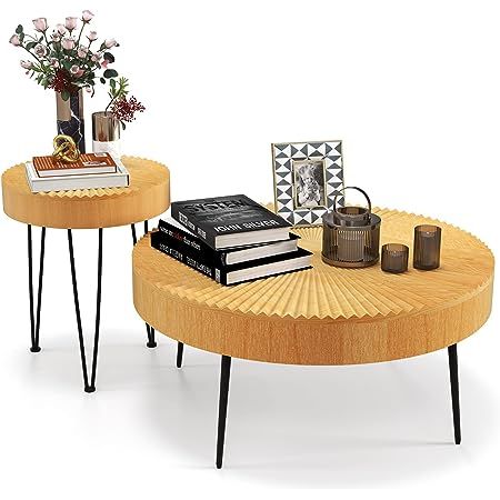 Great option for home! Accurate color description with solid pine top. additional details: Metal Legs & Adjustable Foot Pads, 31.5" D Large Table Set for Living Room, Bedroom Link to buy: https://amzn.to/3YQs2Ry #ad Farmhouse Round Coffee Table, Round Coffee Table Rustic, Coffee Table Set Of 2, Round Coffee Table Sets, Radial Pattern, Small Accent Tables, Farmhouse End Tables, Rustic Sofa, Nesting End Tables