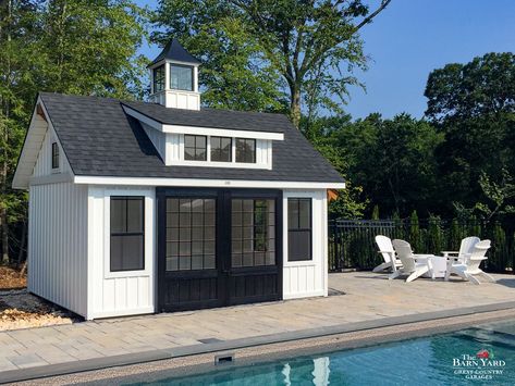 A pool house can complete your backyard escape. Our pool houses are available in farmhouse style, as pictured here, and can even come with a painted interior. This is a 12' x 16' Modern Farmhouse Carriage House with 8' split sliding doors, vinyl board & batten siding, and 3-window farmhouse transom dormer. Get in touch with us today to begin planning for your farmhouse style pool house, exclusively at The Barn Yard. Modern Farmhouse Guest House, Tuff Shed Pool House, Small Pool House With Bathroom, Small Pool Houses Sheds, Small Pool House Interior, Shed Pool House Ideas, Small Pool Shed, Farmhouse Carriage House, She Shed Pool House