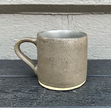 Handmade slab built mug. Two coats charcoal shino outside, and Coyote Steel Grey shino inside Coyote Shino Glaze Combinations, Grey Glaze Recipe Cone 6, Shino Glaze, Speckled Clay Glaze, Coyote Shino Glazes, Deep Olive Speckle Glaze, Steel Grey, Glazes For Pottery, Glaze