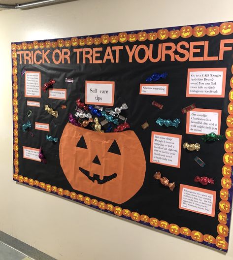 My october bulletin board about self-care! Kudos Bulletin Board Ideas, Halloween Staff Bulletin Board, Halloween Bulletin Board Ideas For High School, October Poster Board Ideas, Halloween School Nurse Bulletin Boards, October Mental Health Bulletin Board, Trick Or Treat Bulletin Board Ideas, Halloween Bulletin Boards Library, Student Services Bulletin Board