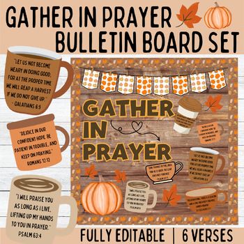 Transform your classroom with the "Gather in Prayer Bulletin Board Set," perfect for Christian fall-themed decor. This comprehensive set features beautifully designed, editable Bible verse posters that encourage students to embrace prayer and reflection. Ideal for primary classrooms, this set includes both black-and-white and colored letters, allowing you to customize your display to match your classroom's aesthetic.What's Included:6 Editable Bible Verse Coffee Cups: Featuring inspirational scri Prayer Bulletin Board, Fall Church Bulletin Boards, Black And White Letters, Sunday School Printables, Fall Bible Verses, Christian Classroom, Christian Bulletin Boards, Thanksgiving Bulletin Boards, Inspirational Scriptures