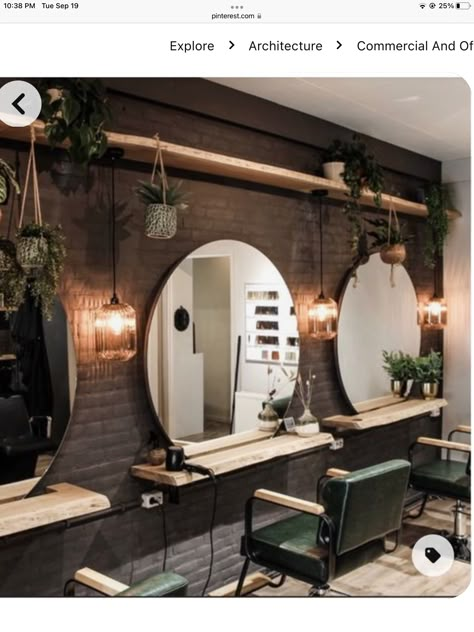 Salon Designs Hairdressing, 3 Station Hair Salon, Salon Loft Ideas Small Spaces, Hairdresser Decoration Salon Ideas, Old Hollywood Salon Decor, Dream Hair Salon Ideas, Small House Salon Ideas, Boho Hair Salon Decor Modern, Round Mirror Salon Station