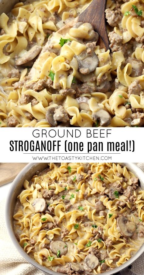 Ground Beef Stroganoff by The Toasty Kitchen #beef #groundbeef #stroganoff #pasta #onepanmeal #skilletmeal #recipe #dinner #dinnerideas #meal #homemade Stroganoff Pasta, Beef And Mushroom Recipe, Beef Stroganof, Homemade Beef Stroganoff, Ground Beef Stroganoff, Sour Cream Sauce, Skillet Recipes, Stroganoff Recipe, Dinner With Ground Beef