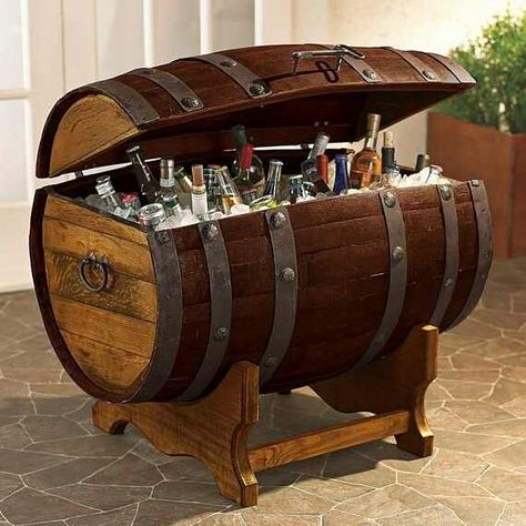 Whiskey barrel ice chest Man Cave Accessories, Barrel Projects, Bar In Casa, Wine Barrel Furniture, Barrel Furniture, Ice Chest, Wooden Barrel, Whiskey Barrel, Wine Barrel