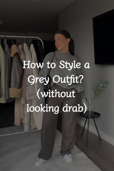 Discover simple and aesthetic grey outfit ideas that will keep you looking cute and stylish all day long. Perfect for effortlessly elevating your wardrobe with versatile pieces. Grey Wide Leg Trousers Outfit, Grey Wide Leg Pants Outfit, Trouser Pants Outfits Casual, Gray Trousers Outfit, Trouser Pants Outfits, Grey Sweatsuit, Wide Leg Trousers Outfit, Oversized Grey Sweater, Cozy Oversized Sweaters