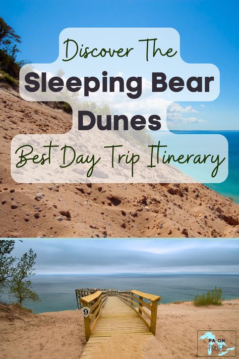 Discover the perfect day trip itinerary for Sleeping Bear Dunes National Lakeshore. Start your adventure with a hike up the Dune Climb for stunning views, then explore the scenic Pierce Stocking Drive. Enjoy a relaxing picnic by Lake Michigan, and visit the historic Glen Haven Village. End your day with a sunset walk along the beach. Ideal for families, nature lovers, and outdoor enthusiasts, this itinerary ensures you experience the best of Sleeping Bear Dunes in one unforgettable day. Michigan Sand Dunes, Sleeping Bear Dunes Michigan, Michigan Camping, Sunset Walk, Water Time, Sleeping Bear, Western Michigan, Canoe Trip, Michigan Travel