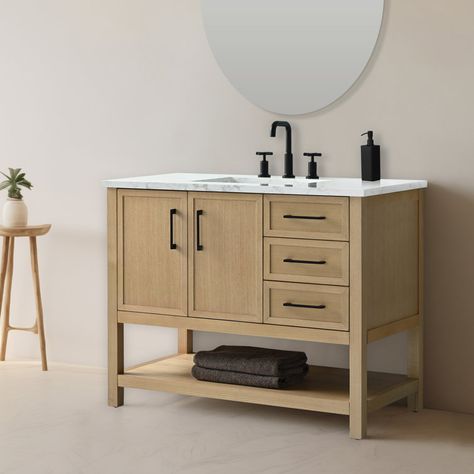 Stratford 42'' Single Bathroom Vanity with Engineered Stone Top 46 Inch Bathroom Vanity, 48 Inch Vanity Bathroom Ideas, Scandinavian Bathroom Vanity, 42 Inch Vanity, 42 Inch Bathroom Vanity, Rental Bathroom, Transitional Vanity, Scandinavian Bathroom, Matte Black Hardware