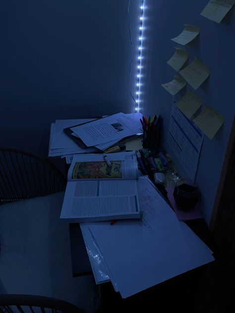 study material set up on a desk with post it notes on the wall and led lights in the background Blue Work Aesthetic, Navy Blue Study Aesthetic, Midnight Study Aesthetic, Dark Blue Study Aesthetic, Mindmaps Aesthetic, Study Blue Aesthetic, Studying At Night Aesthetic, Dark Blue Study, German School Aesthetic