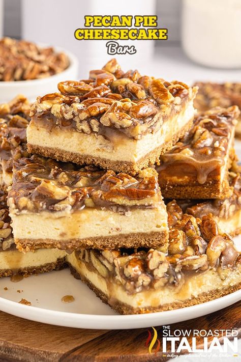 Pecan Pie Cheesecake Bars Recipe, Pecan Pie Cheesecake Bars, Pecan Cheesecake Bars, Pecan Pie Cheesecake Recipe, Caramel Pecan Cheesecake, Slow Roasted Italian, Pecan Pie Easy, Fun Thanksgiving Desserts, Pecan Pie Cheesecake