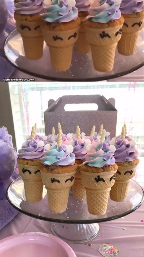 Unicorn Snacks For Party, Princess Unicorn Party, Unicorn Birthday Party Cake, Cupcake Cones, Unicorn Birthday Party Decorations, Resipi Kek, Unicorn Themed Birthday Party, Birthday Party Desserts, Unicorn Birthday Cake