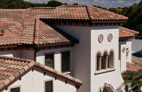 High Barrel Concrete Roof Tile - Eagle Roofing Spanish Tile Roof, Concrete Roof Tiles, Backsplash Tile Design, Outside Paint, Roofing Options, Tile Roof, Living Roofs, Mediterranean Style Homes, Residential Roofing