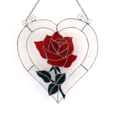 Custom Made Red White Stained Glass Rose And Heart Suncatcher Stained Glass Hearts, Stained Glass Heart, Stained Glass Project, Glass Sun Catchers, Scroll Art, Stained Glass Rose, L'art Du Vitrail, Stain Glass Patterns, Stained Glass Animals