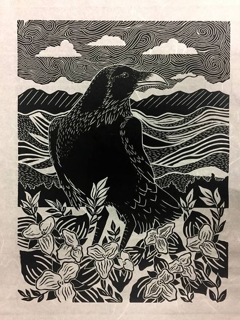 Messenger in Trillium Raven linocut Raven Art Original Raven Linocut, Red Kite, Healing Garden, Art Noir, Black And White Vintage, Raven Art, Relief Printing, Art Brown, Linocut Art