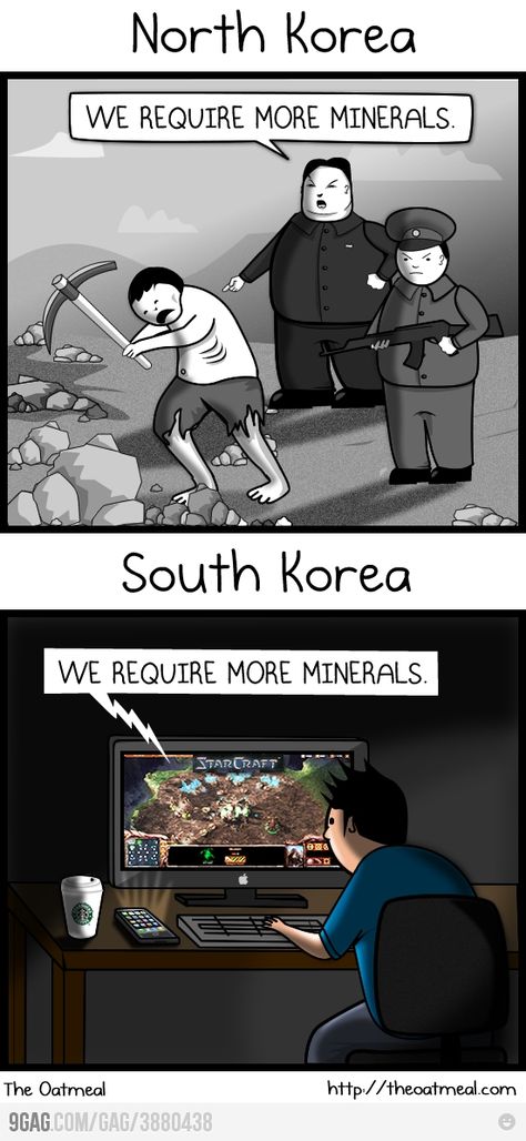 those that played starcraft would find this amusing.  sad truth between n and s korea tho. North Vs South, Starcraft 2, Happy Cartoon, North Korean, North Korea, Funny Animal Pictures, Funny Comics, Funny Images, South Korea