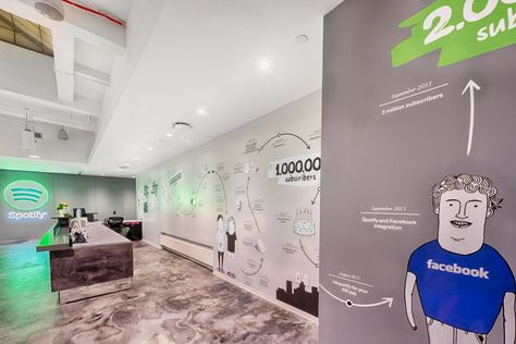 The Wonderfully Designed Offices of Spotify in New York City - Officelovin' Spotify Office, Graphic Office, Office Wall Design, Office Reception, Office Interior, Coworking Space, Office Inspiration, Music Streaming, Office Walls