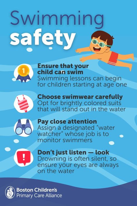 An infographic with text on a blue background detailing four tips for swimming safety. There is a graphic of a swimming boy with goggles in the top right corner. Summer Safety Activities For Kids, Summer Safety Activities, Water Safety Activities, Summer Safety Tips, Boston Childrens Hospital, Swimming Safety, Swim Instructor, Summer Safety, Empowering Parents