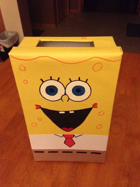 Spongebob valentines box Garfield Valentines Boxes, Shoe Box Valentines Day Boxes, Valentine Card Boxes For Kids Boys, Valentines Box Ideas Boys, Spongebob Valentine Box Ideas, Valentines Shoe Box Ideas For Boys, Valentines Box Ideas For Boys, Easy Valentines Day Boxes, Spongebob Valentines