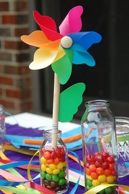 Rainbow party. Dollar store pinwheels in recycled bottles/jars... You could do dyed rice as the filler! Birthday Party Table Decorations, Colorful Decorations, Rainbow Unicorn Party, Rainbow Parties, My Little Pony Party, Rainbow Birthday Party, Birthday Party Tables, Burlap Bow, Rainbow Baby Shower