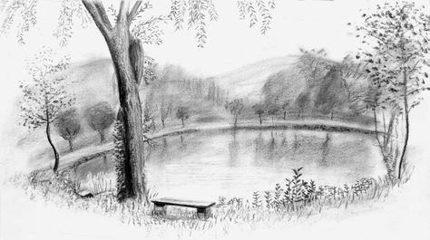 Lake Sketch Pencil, Lake Drawings Sketches, Lake Drawings Easy, Lake Sketch, Drawing Lake, Lake Drawing, Painting Mood, See Tattoo, Landscape Pencil Drawings