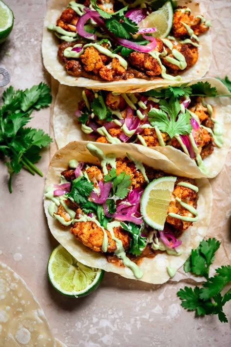 Gluten Free Corn Tortillas, Roasted Cauliflower Tacos, Vegan Tacos Recipes, Tofu Breakfast, Pickled Red Onion, Crowded Kitchen, Oven Roasted Cauliflower, Quick Pickled Onions, Sweet Potato Tacos