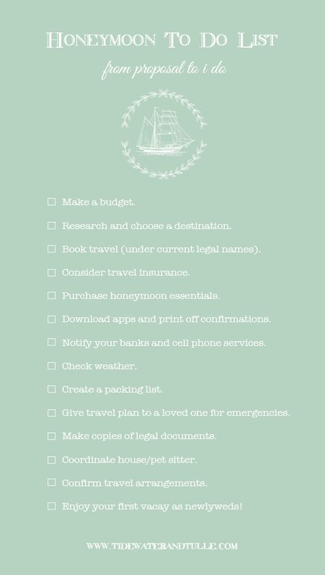 Plan and Organize a Honeymoon - To Do Checklist Honeymoon To Do List, Honeymoon Planning Checklist, Honeymoon Checklist, Wedding Video Songs, Expensive Wedding Gifts, Honeymoon Essentials, Wedding Planning List, Planning List, To Do Checklist