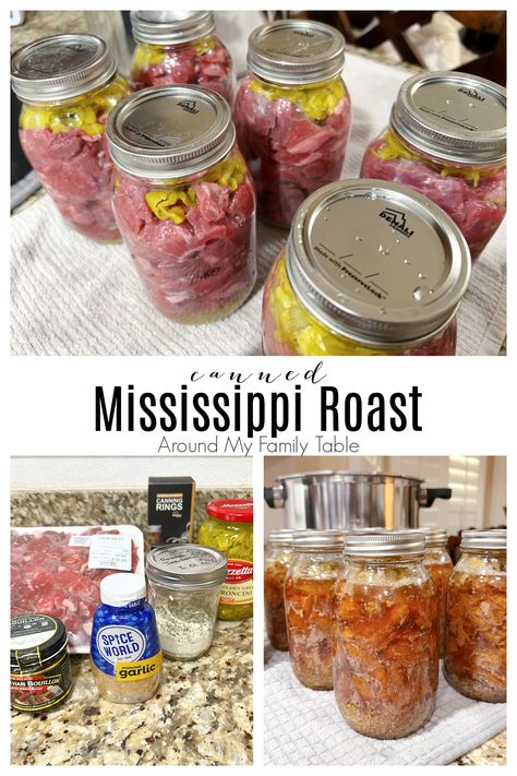 Mississippi Pot Roast is a beef roast cooked with pepperoncinis, ranch seasoning, and slow cooked in some sort of beef bouillon. My canned Mississippi Roast recipe is perfect for a quick and easy meal any night of the week. It's delicious and will quickly become a family favorite. via @slingmama Meal Prep Canning, Pressure Canning Beef Stroganoff, Canned Meat Recipes Pressure Canning, Living Traditions Homestead Recipes, Canning Italian Beef, Canning Pot Roast In A Jar, Canning Pot Roast, Canning Mississippi Pot Roast, Home Canned Soup Recipes