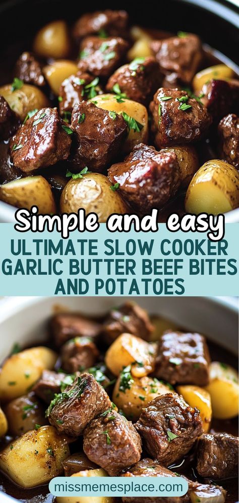 Baked Potatoes In Crock Pot, Beef Bites And Potatoes, Crock Pot Stew Meat, Beef Chunks Recipes, Potatoes In Crock Pot, Crock Pot Stew Meat Recipes, Post Baby Meals, Garlic Butter Beef Bites, Crock Pot Stew