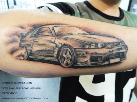 Tattoo. car portrait. black and gray tattoo. r33 Skyline. GTR Godzilla. Skyline. Nissan. Nissan Skyline Tattoo, Drift Tattoo, Car Tattoos For Guys, Godzilla Skyline, Skyline Car, Gtr Godzilla, R33 Skyline, Godzilla Tattoo, Skyline Nissan