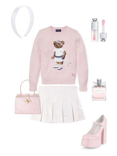 Ralph Lauren Teddy Bear Sweater Outfit, Vivienne Westwood Sweater, Vivienne Westwood Bags, Pink Jumper, Ralph Lauren Sweater, Tennis Skirt, Pink Sweater, Girly Fashion, Girly Outfits