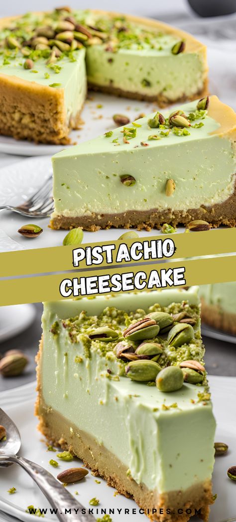 🥰🍰 Indulge in the creamy delight of Pistachio Cheesecake! With its nutty pistachio flavor and smooth, rich texture, this dessert is perfect for any special occasion. Topped with whipped cream and chopped pistachios, it's as beautiful as it is delicious! 🌟 #PistachioCheesecake #DessertLovers #Baking #SweetTreats #ElegantDesserts#myskinnyrecipes Pistachio Pudding Cheesecake, Pistachio San Sebastian Cheesecake, Pistachio Cheesecake Recipe No Bake, Pistachio Cream Cheesecake, Desserts With Pistachio Cream, Most Delicious Desserts, New Dessert Ideas, Decorating Cheesecake Ideas, Pistachio Cheesecake No Bake