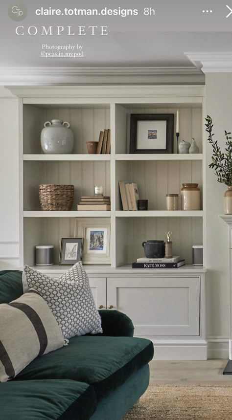 Cotswold Lounge Ideas, Alcove Shelving Living Room Tv, Narrow Alcove Ideas, Lounge Shelving Ideas, Alcove Styling, Build In Shelves Living Room, Lounge Bookcase, Book Case Ideas Living Room, Fitted Bookcase