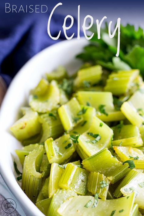 This braised celery really is such a simple side dish. The recipe has just 5 ingredients, including salt and pepper; turning an underused vegetable into a delicious savory side. The celery mellows as it cooks, yielding to a knife but still with enough crunch to keep it interesting. Perfect to pair with meat for a low carb dinner. Or add it to your thanksgiving or holiday table for something a little different! #sidedish #celeryrecipe Recipes Using Celery, Braised Celery, Celery Recipes, Healthy Nutrition Plan, Low Carb Dinner, Holiday Table, Vegetable Side Dishes, Side Dishes Easy, Healthy Nutrition