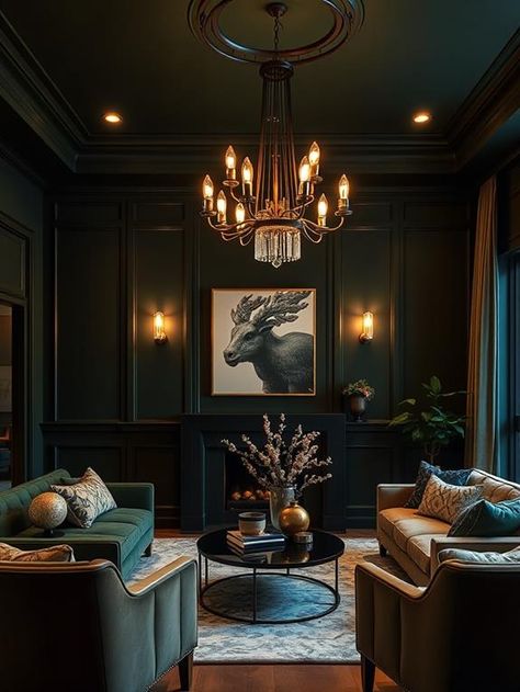 Fern Living Room, Green Theatre Room, Dark Green Panelled Wall, Dark Green Paneling, Colors That Go Well With Dark Green, Dark Green Lounge Room, Moody Green Decor, Dark Green Interior Design Living Rooms, Dark Green Media Room