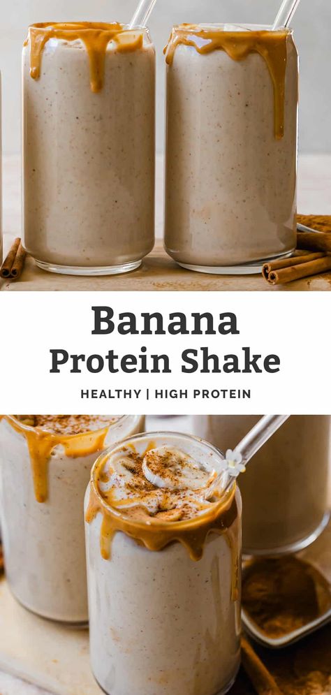 This Banana Protein Shake is like drinking an old-fashioned banana milkshake, but healthy! It's made with frozen bananas, yogurt, protein powder, nut butter, milk, warm spices, and vanilla. Great for post-workout fuel or on-the-go mornings. High protein, gluten free, vegan friendly. #bananaproteinshake #proteinshakerecipes Coconut Cream Protein Shake, Banana Nut Protein Shake, Banana Pudding Protein Shake, Butterscotch Protein Shake, Protein Drinks Recipes, Protein Shake Recipes Fat Loss, Gluten Free Protein Shakes, Vanilla Protein Shake Recipes, Yogurt Protein Powder