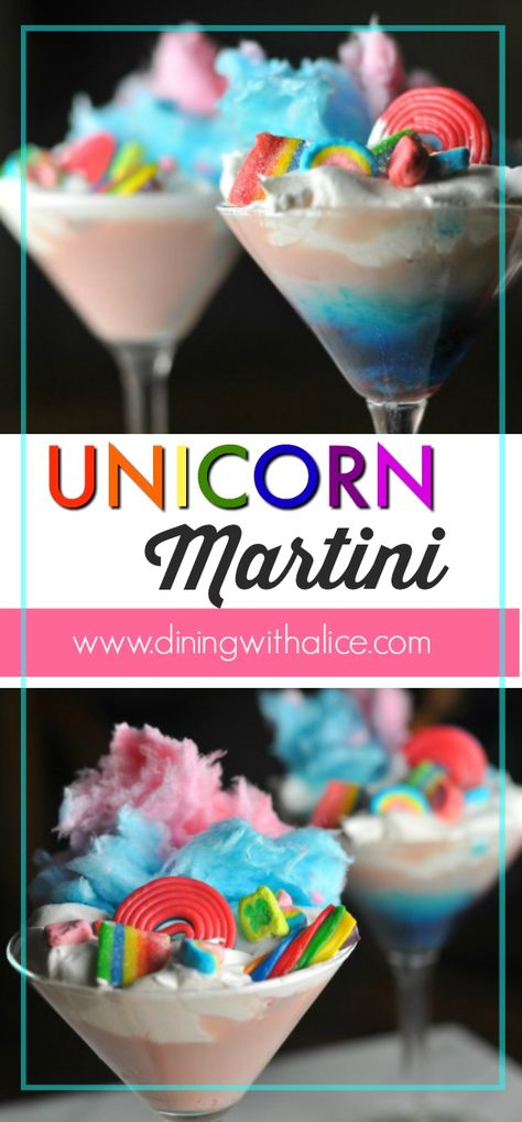 Rum Chata and Mango Rum make this Unicorn drink martini an easy and fun cocktail. Top with your favorite candies and cotton candy! http://diningwithalice.com/drinks/unicorn-drink-martini/ Unicorn Drinks Alcohol, Unicorn Drink, Candy Theme Cocktails, Unicorn Cocktail Recipes, Cotton Candy Mixed Drink, Cotton Candy Drinks, Mango Rum, Martinis Drinks, Candy Cocktails