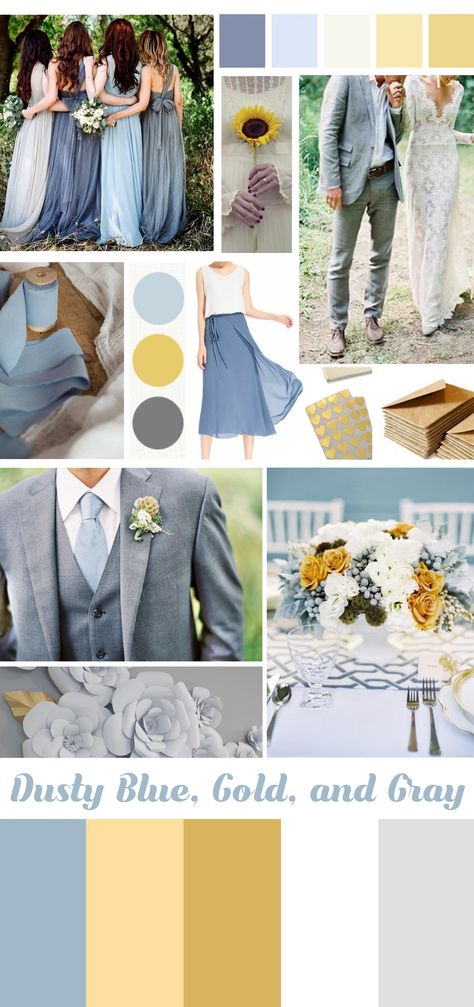 WEDDING COLORS & STYLE - dusty blue, gold, and gray - vintage spring wedding - sunflowers, paper flowers, lace, gray suits, mismatched bridesmaid dresses Vintage Spring Wedding, Bridesmaid Color Scheme, Vintage Wedding Colors, Country Bridesmaid, Country Bridesmaid Dresses, Best Wedding Colors, Gold Wedding Colors, Gold Bridesmaid Dresses, Bridesmaid Colors