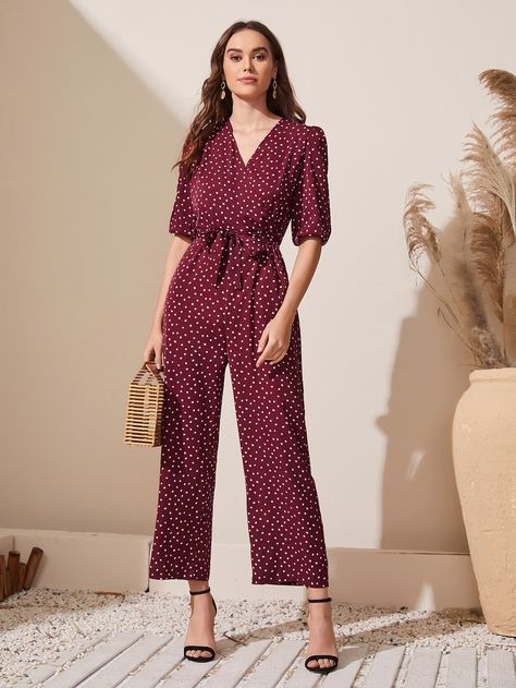 Maroon Elegant  Half Sleeve Polyester Polka Dot Culottes Embellished Non-Stretch Spring/Summer Women Jumpsuits & Bodysuits Half Sleeve Jumpsuit, Jumpsuit Fashion, Shein Style, Wide Leg Jumpsuit, Half Sleeve, Ruffle Trim, Half Sleeves, Summer Women, Jumpsuits For Women