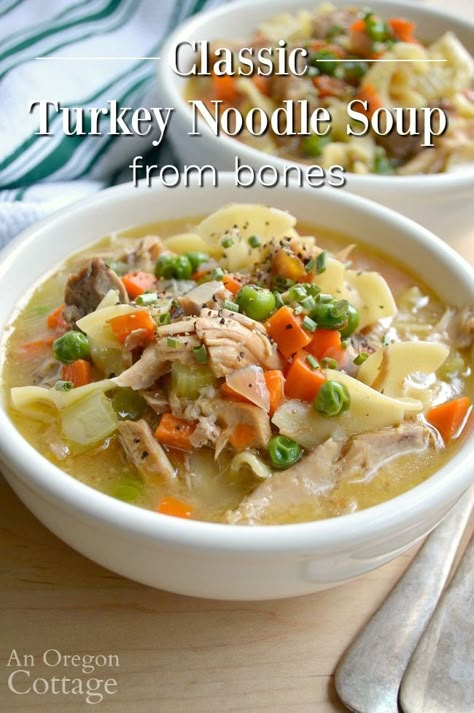 Use up your turkey bones and leftovers to make a delicious homemade turkey soup from scratch. It's really not much hands-on time and you'll get all the benefits of bone broth along with my favorite part of the turkey - the next day soup! #soup #turkey Oregon Recipes, Homemade Turkey Soup, Soup Turkey, Weekday Recipes, Oregon Cottage, Traditional Turkey, Leftover Turkey Soup, Turkey Noodle Soup, Classic Turkey