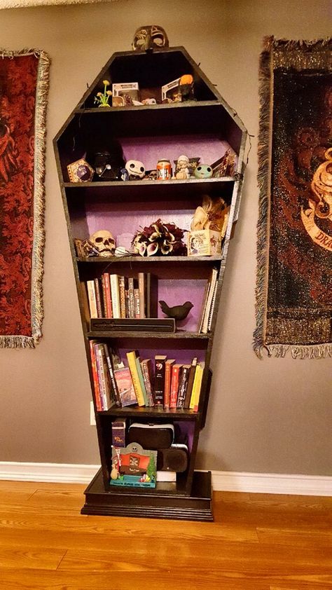 This is a custom book case,  70 inches tall 32 inches wide 12 inches deep black with a purple back ground accentuated with a trimmed base Coffin Shelf, Gothic Furniture, Goth Home, Target Home Decor, Goth Home Decor, Ville Valo, Goth Decor, Western Home Decor, Gothic Decor