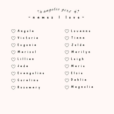 Angelic Female Names, Angel Names Female, Angelic Usernames, Nicknames For Angel, Angelic Names Female, Angel Names List, Aesthetic Girl Names With Meaning, Coquette Names, Feminine Girl Names